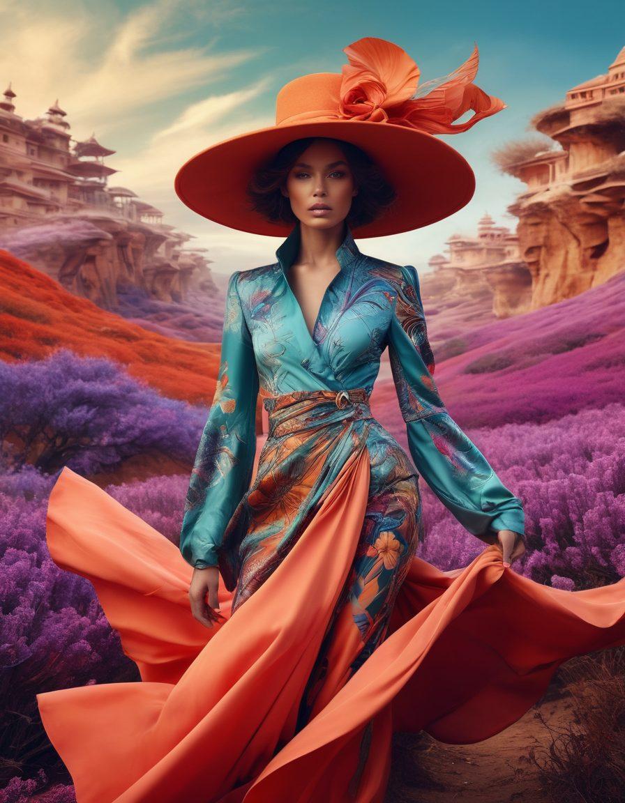 A fantastical scene showcasing an elegant figure dressed in provocative, avant-garde apparel that merges vibrant fantasy elements with modern fashion. The background features a dreamlike landscape with ethereal colors, swirling patterns, and elements of nature intertwined, highlighting the transformative power of clothing on self-expression. The model strikes a confident pose, surrounded by whimsical accessories like oversized hats and flowing fabrics. super-realistic. vibrant colors. surreal background.