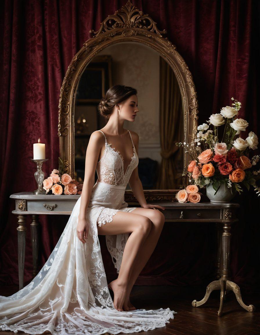 A sultry and elegant intimate wear display featuring a luxurious lace collection, draped gracefully on an opulent velvet backdrop. The scene is accentuated by soft, ambient lighting, creating an intimate and inviting atmosphere. Include a silhouette of a confident woman admiring her reflection in a vintage mirror, embodying the essence of self-love and empowerment. Artful floral arrangements and delicate accessories are tastefully integrated into the composition. super-realistic. warm colors. soft focus.